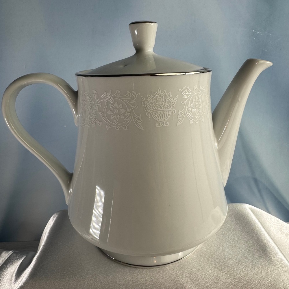 Crown Victoria Lovelace Coffee Tea Pot Fine China White Silver Trim Japan 8" VTG